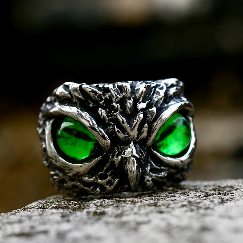 Retro Owl Green Eye Titanium Steel Ring