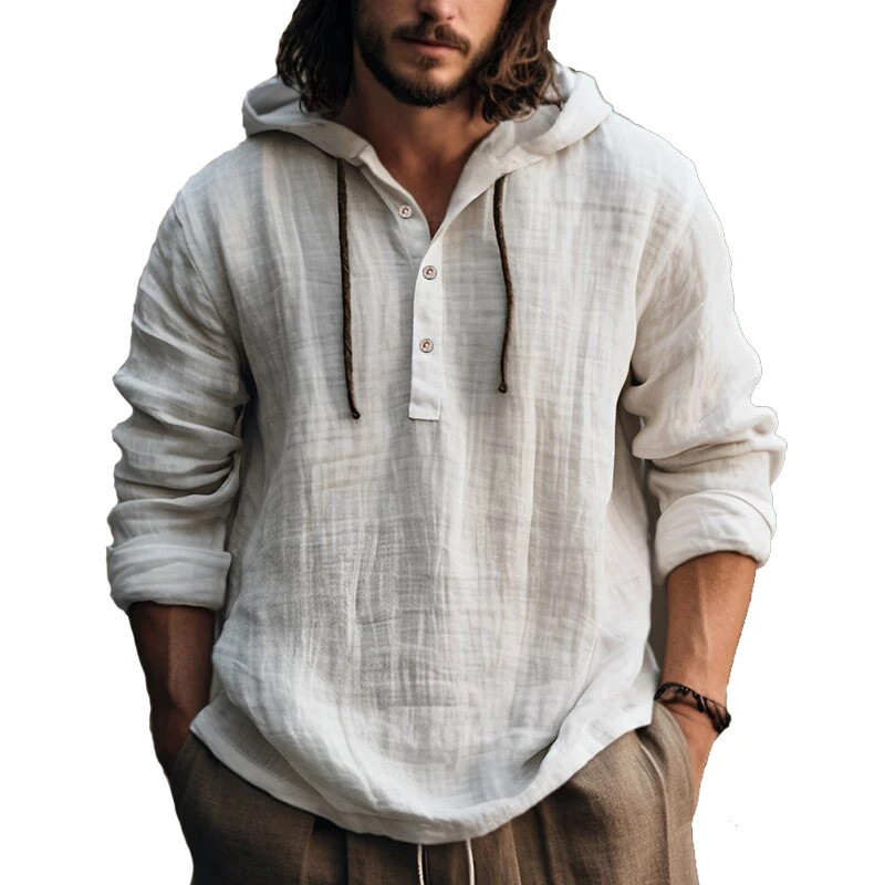 Retro Linen Blend Hooded Shirt