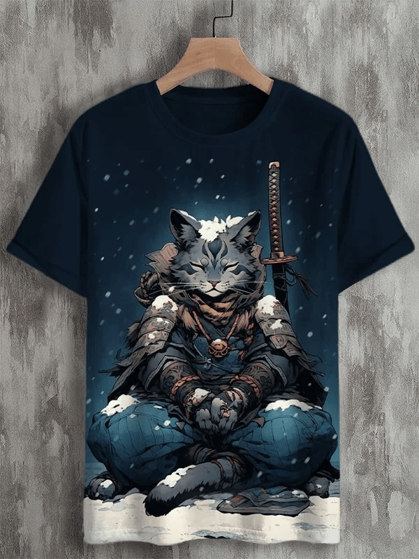 Men'S Samurai Cat Japanese Art Print Casual T-Shirt