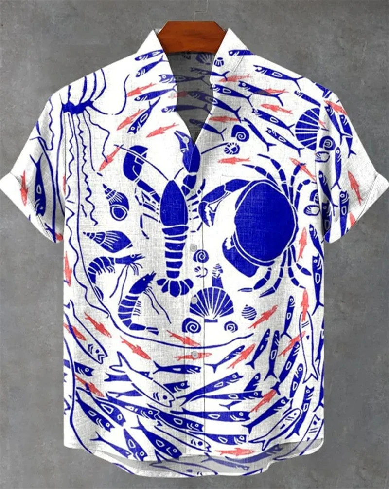 Men'S Colorful Fish Watercolor Art Print Linen Blend Shirt