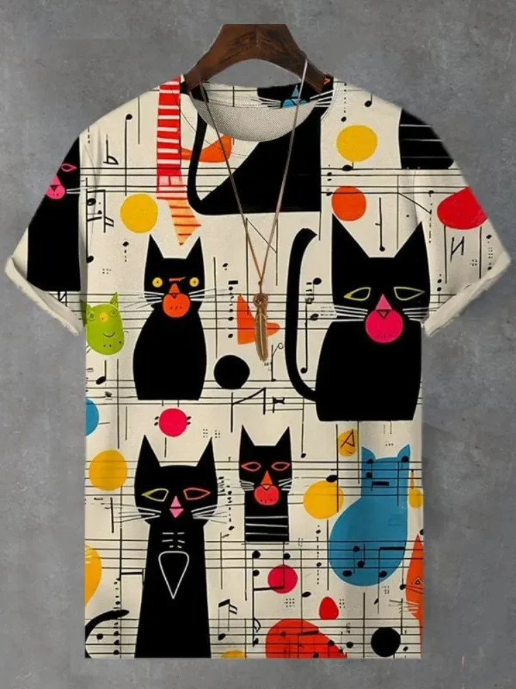 Vintage Colorblock Mondrian Cat Art Print Casual T-Shirt
