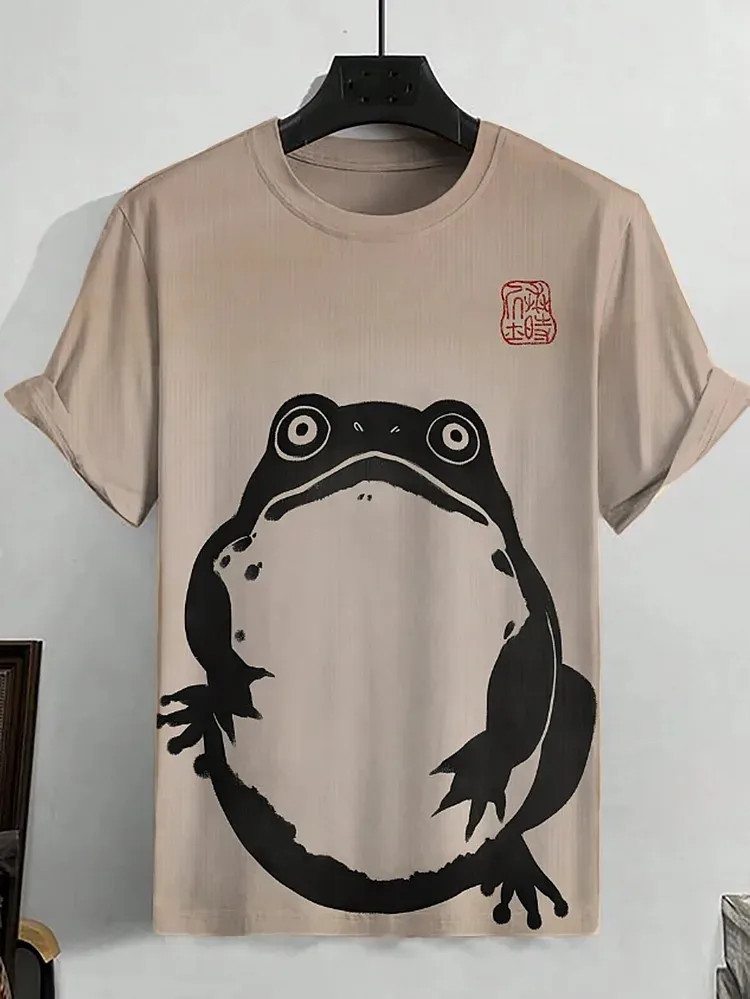 Men'S Cute Frog Japanese Lino Art Print Casual T-Shirt