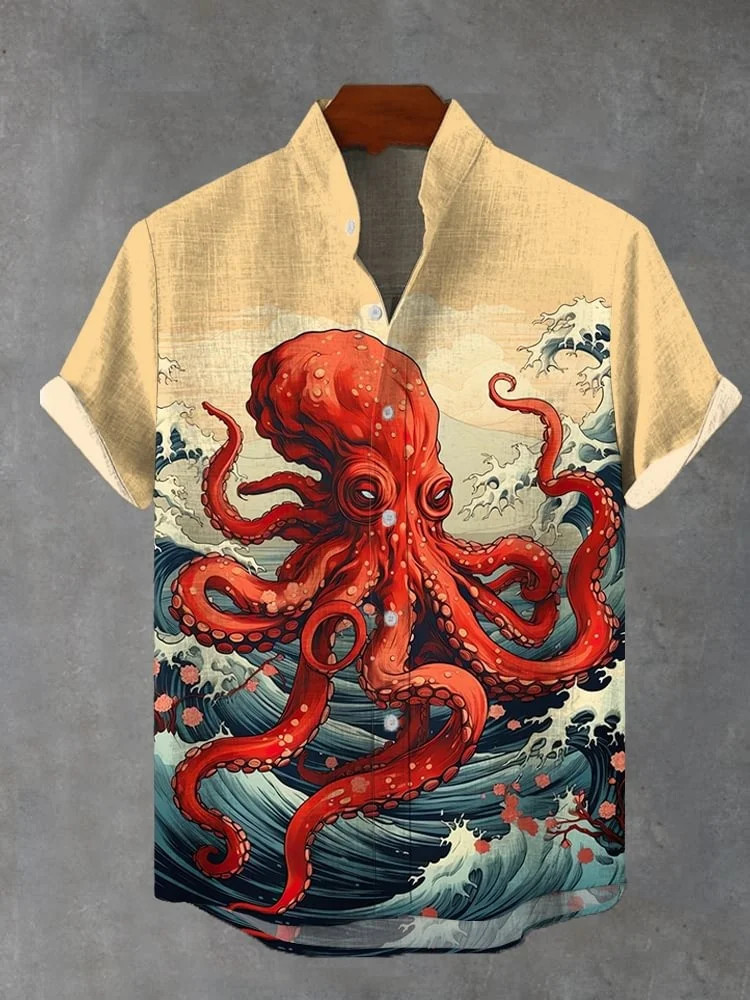 Men's Casual Japanese Art Ocean Octopus Printed Shirt