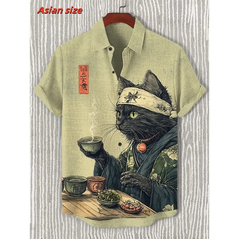 Men's Cat Drinking Tea Japanese Tea Ceremony Art Print Casual Shirt