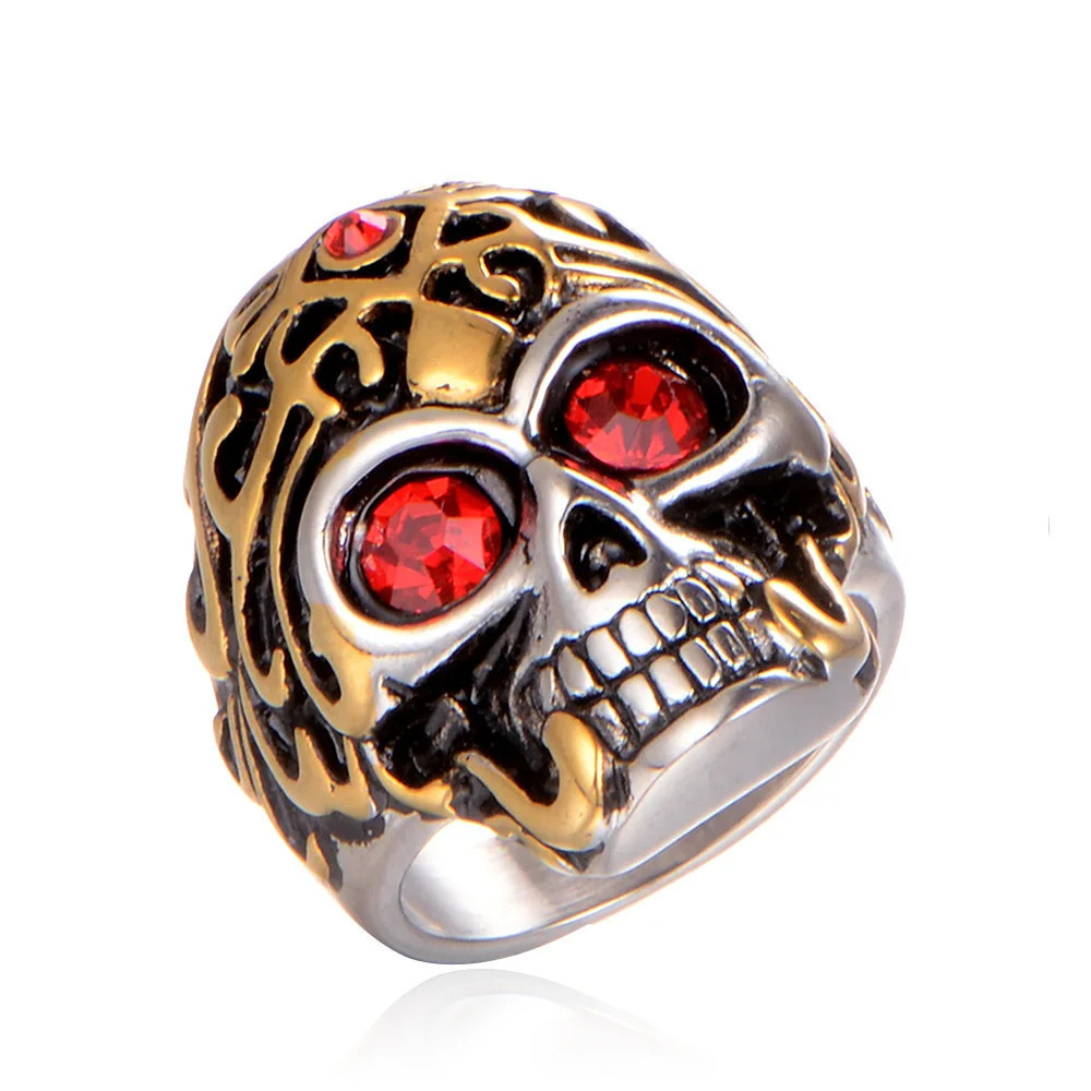 Men's Silver Skull And Gold Tone Flames Stainless Steel Biker Ring